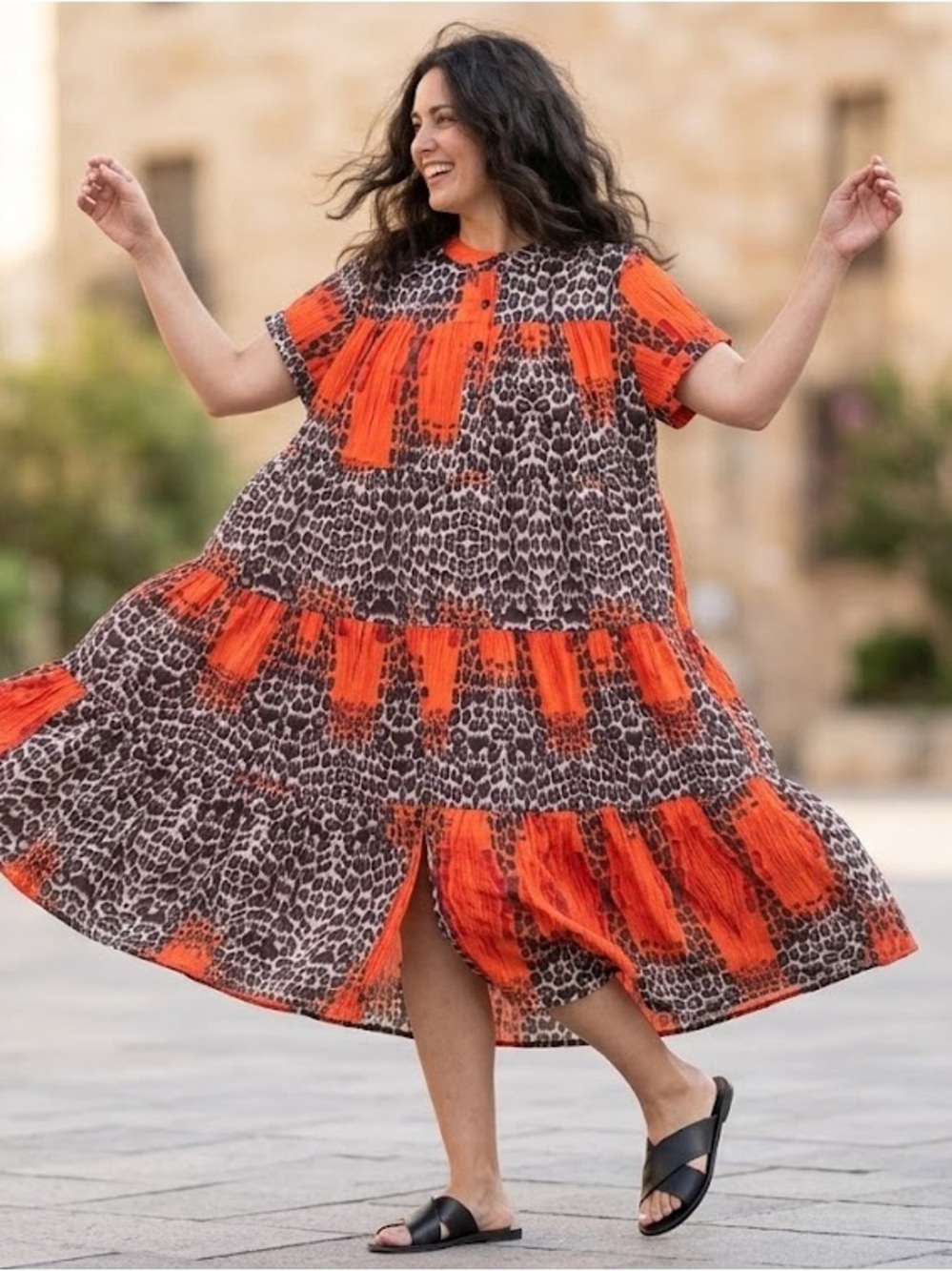 Kate Hewko Leopard Print Orange Tiered Maxi Dress OS Oversized